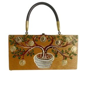 Mid Century Money Tree Design Wood Dovetailed Rectangle Purse Top Handle